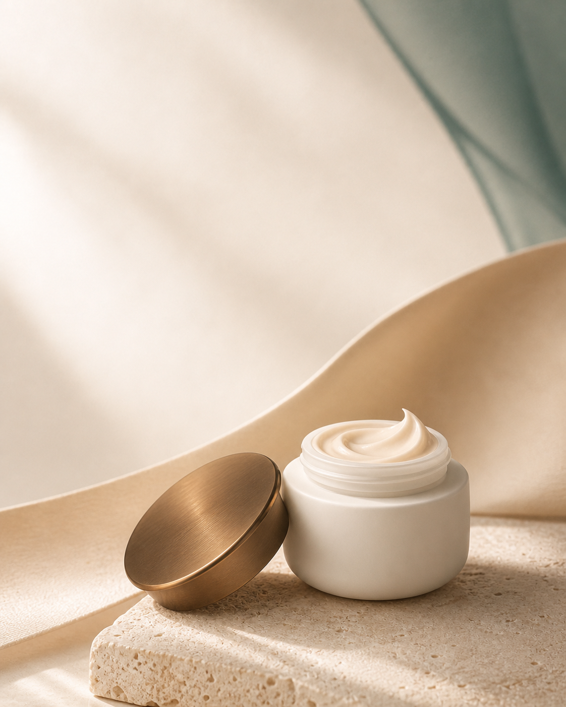 White AURELLE cream jar with the lid resting beside it